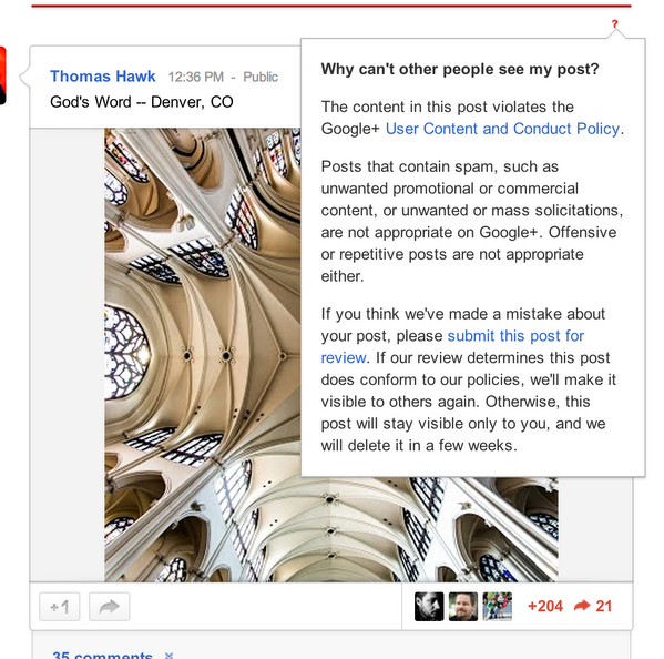 Famous Photographer Thomas Hawk's Photo Taken Down on Google+ For Violating Google Policy