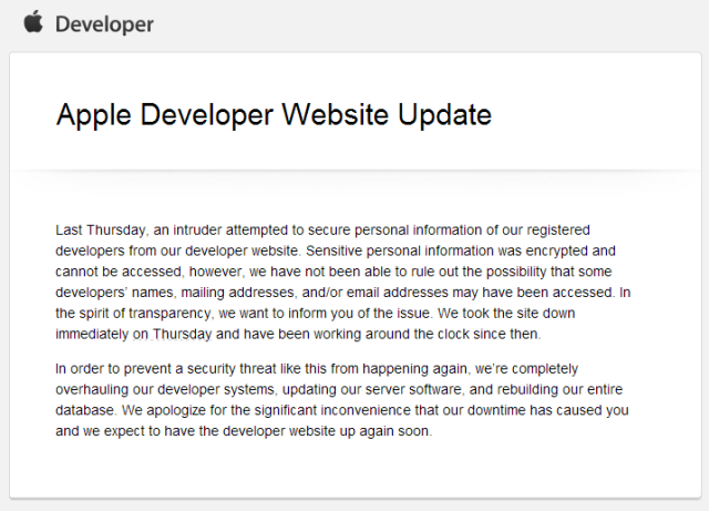 Apple Dev database down